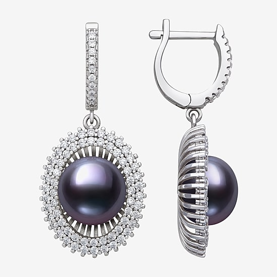 Womens Black Cultured Freshwater Pearl Sterling Silver Round Drop Earrings