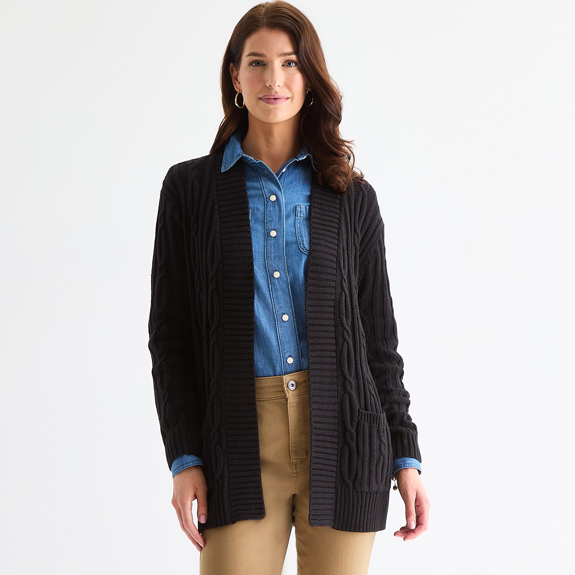 St. John's Bay Womens Long Sleeve Open Front Cable Knit Cardigan