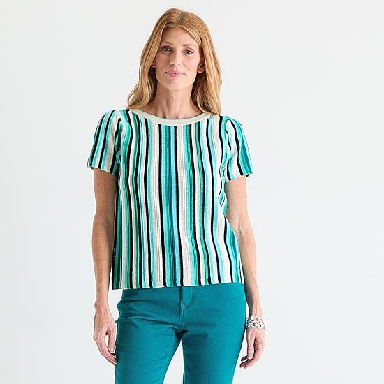 Liz Claiborne Womens Crew Neck Short Sleeve Striped Pullover Sweater