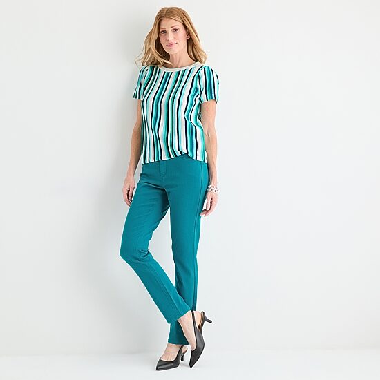 Liz Claiborne Womens Crew Neck Short Sleeve Striped Pullover Sweater