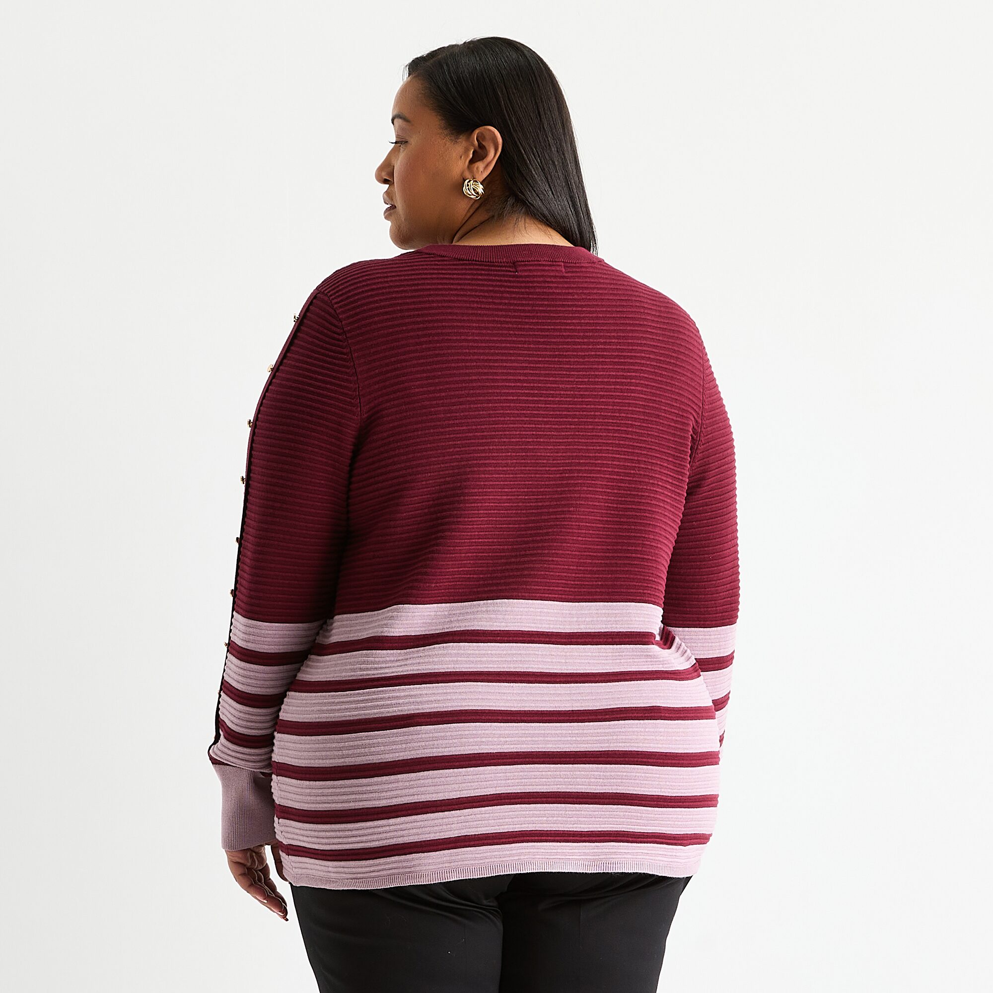 Liz Claiborne Plus Womens Crew Neck Long Sleeve Striped Pullover Sweater