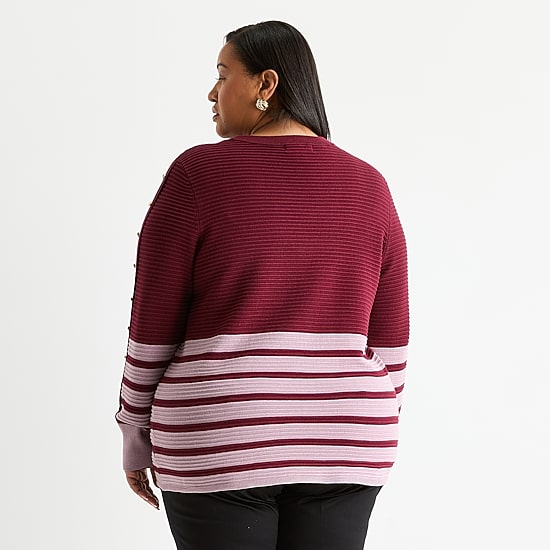 Liz Claiborne Plus Womens Crew Neck Long Sleeve Striped Pullover Sweater