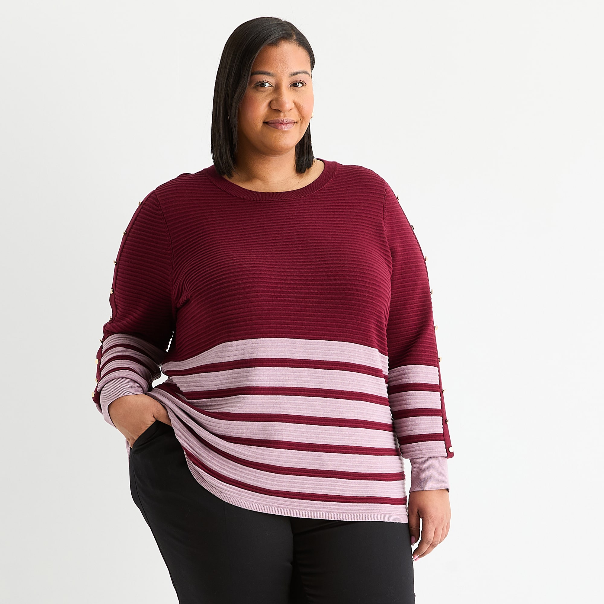 Liz Claiborne Plus Womens Crew Neck Long Sleeve Striped Pullover Sweater