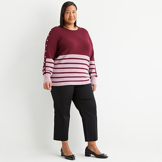 Liz Claiborne Plus Womens Crew Neck Long Sleeve Striped Pullover Sweater