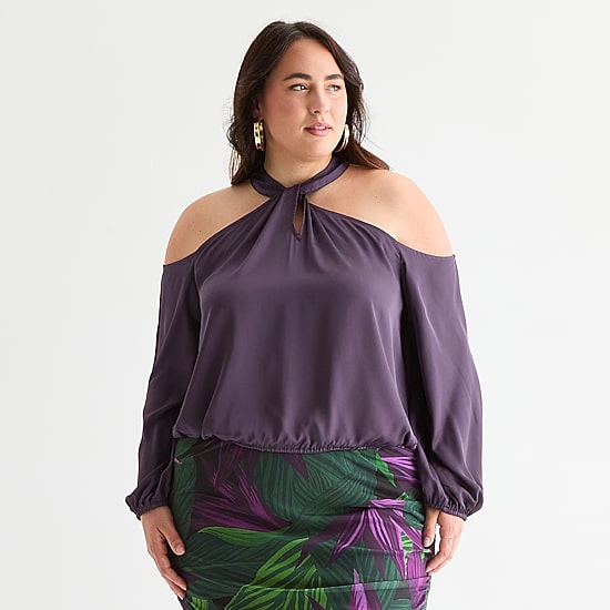 Bold Elements Womens Plus Mock Neck Long Sleeve Blouse