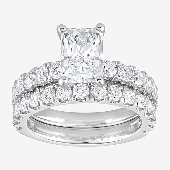 (G / Si1-Si2) Womens 4 CT. T.W. Lab Grown White Diamond Sterling Silver Rectangular Side Stone Bridal Set