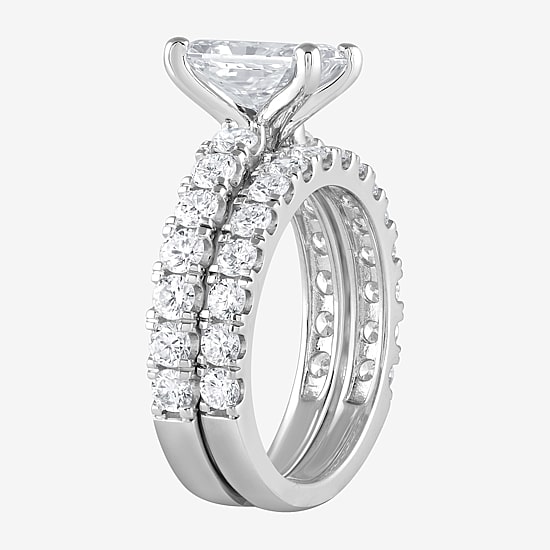 (G / Si1-Si2) Womens 4 CT. T.W. Lab Grown White Diamond Sterling Silver Rectangular Side Stone Bridal Set