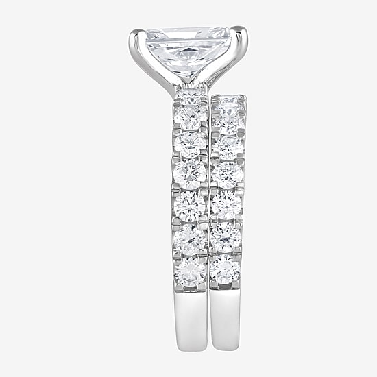 (G / Si1-Si2) Womens 4 CT. T.W. Lab Grown White Diamond Sterling Silver Rectangular Side Stone Bridal Set
