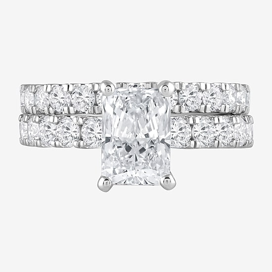 (G / Si1-Si2) Womens 4 CT. T.W. Lab Grown White Diamond Sterling Silver Rectangular Side Stone Bridal Set
