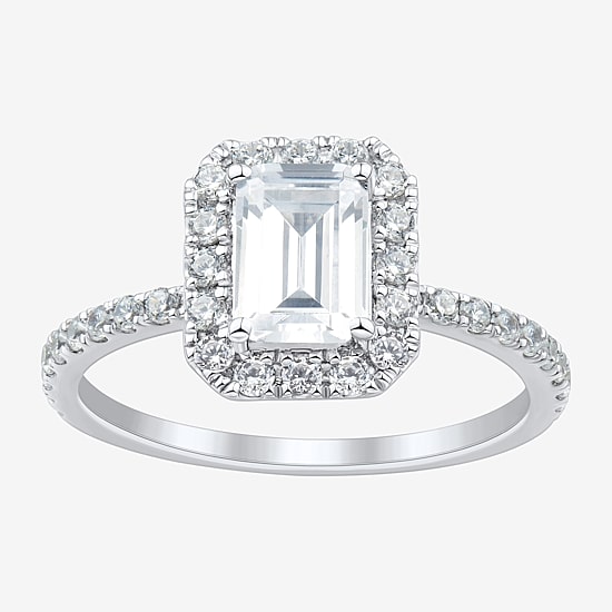 (H-I / Si2) Womens 2 CT. T.W. Lab Grown White Diamond 10K Gold Side Stone Halo Engagement Ring