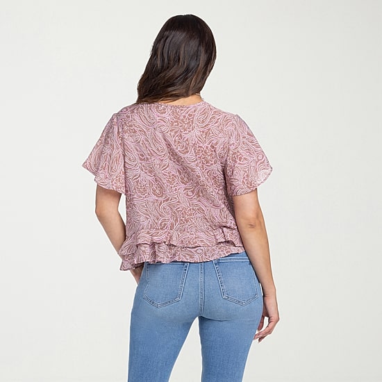 Jessica Simpson Womens Split Tie Neck Short Sleeve Ruffled Blouse