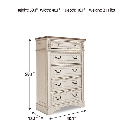 Signature Design by Ashley Realyn 5-Drawer Chest of Drawers in Chipped White