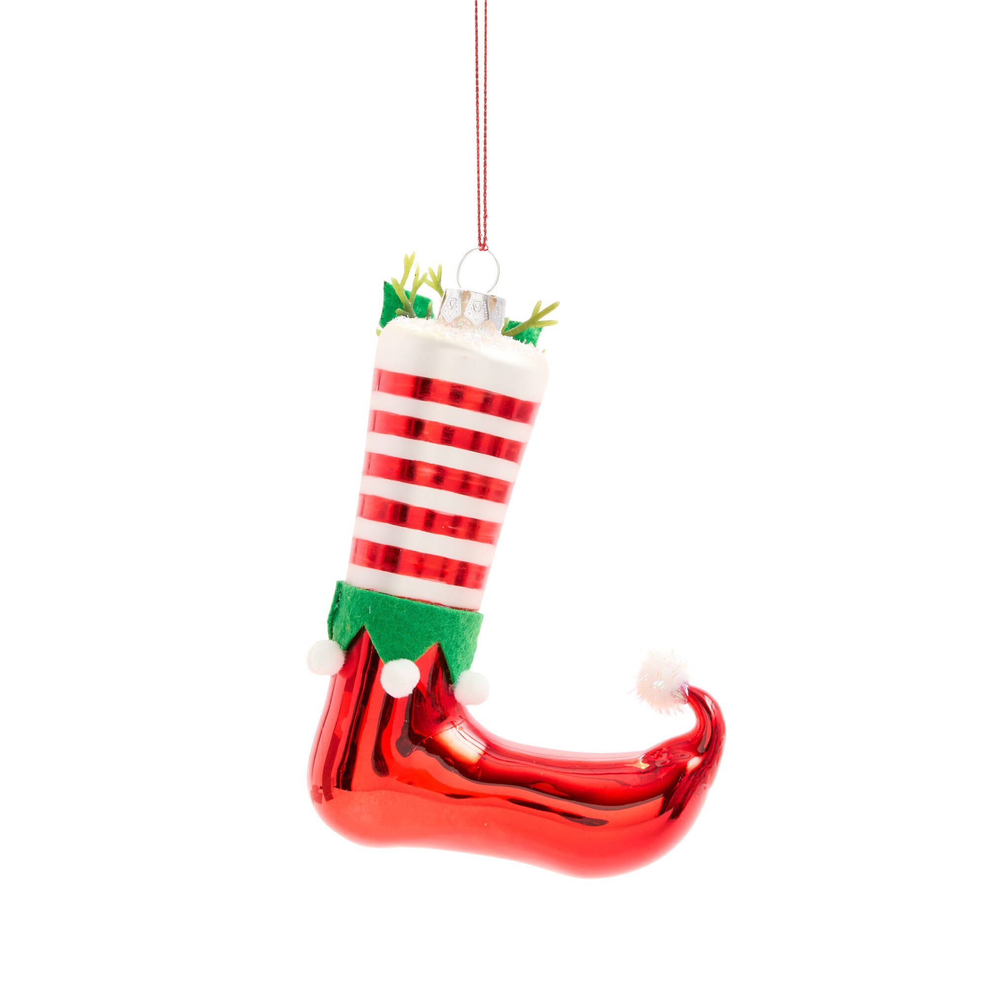 North Pole Trading Co. Glass Stripe Elf Boot Christmas Ornament