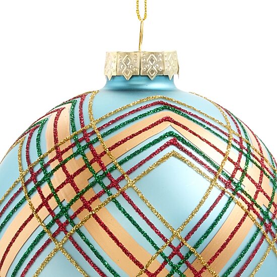 North Pole Trading Co. Glass Ball Plaid Blue Christmas Ornament