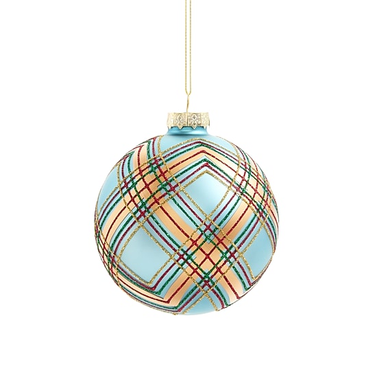 North Pole Trading Co. Glass Ball Plaid Blue Christmas Ornament
