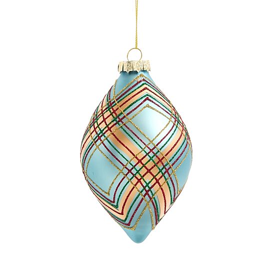 North Pole Trading Co. Glass Onion Blue Plaid Christmas Ornament