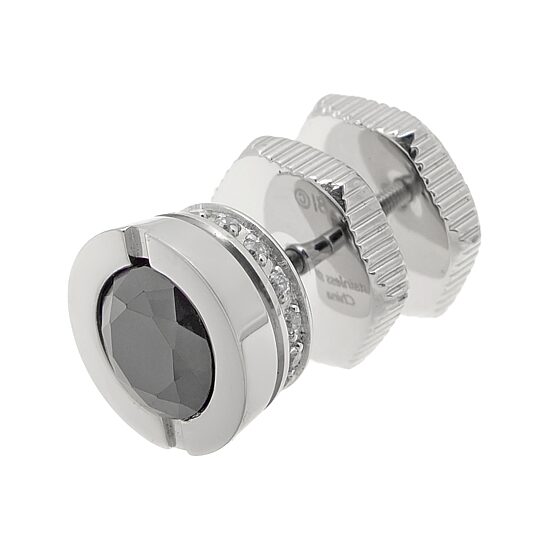 Mens Black and White Cubic Zirconia Stainless Steel Stud Earring
