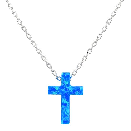 Womens Lab Created Blue Opal Sterling Silver Cross 18 Inch Pendant Necklace