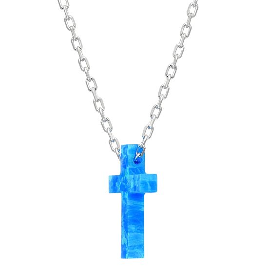 Womens Lab Created Blue Opal Sterling Silver Cross 18 Inch Pendant Necklace