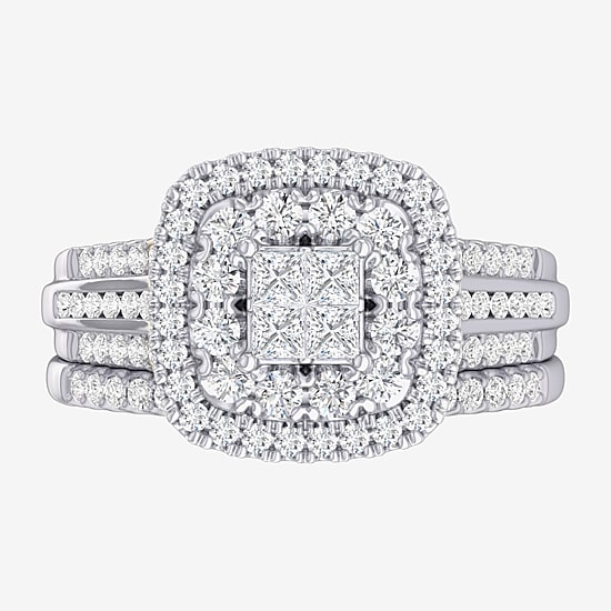 (G-H / Si1-Si2) Womens 1 CT. T.W. Lab Grown White Diamond 10K Gold Cushion Side Stone Bridal Set