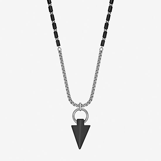 Mens Black Agate Stainless Steel 24 Inch Pendant Necklace