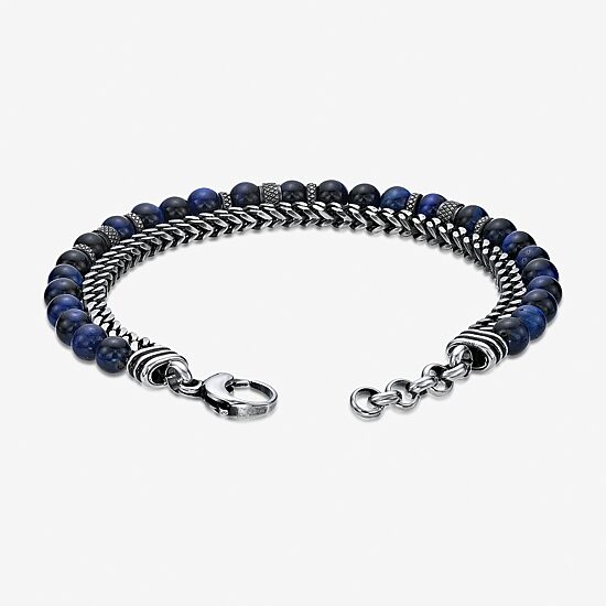 Mens Blue Tiger's Eye Stainless Steel Beaded Bracelet