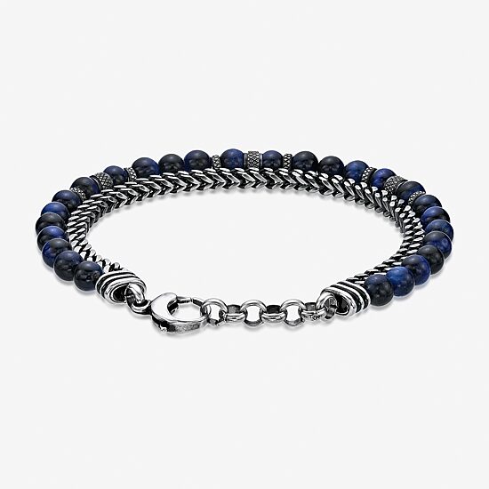 Mens Blue Tiger's Eye Stainless Steel Beaded Bracelet