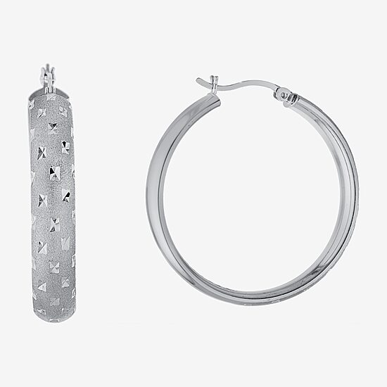 Diamond Cut Womens Sterling Silver 35.3mm Hoop Earrings