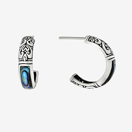 Womens Gray Abalone Sterling Silver 20.3mm Hoop Earrings