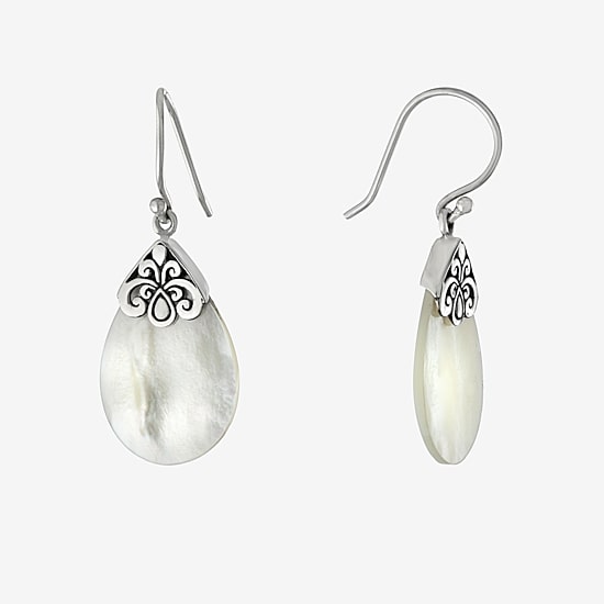 Womens White Mother Of Pearl Sterling Silver Pear Drop Earrings