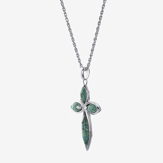 Womens Enhanced Blue Turquoise Sterling Silver Cross 18 Inch Pendant Necklace