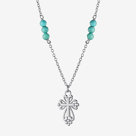 Womens Enhanced Blue Turquoise Sterling Silver Cross Round 16 Inch Pendant Necklace