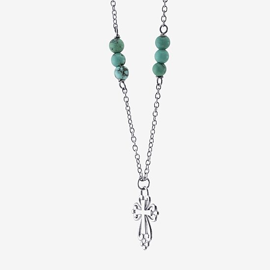 Womens Enhanced Blue Turquoise Sterling Silver Cross Round 16 Inch Pendant Necklace