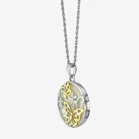 Womens White Mother Of Pearl 14K Two Tone Gold Over Silver Butterfly 18 Inch Pendant Necklace