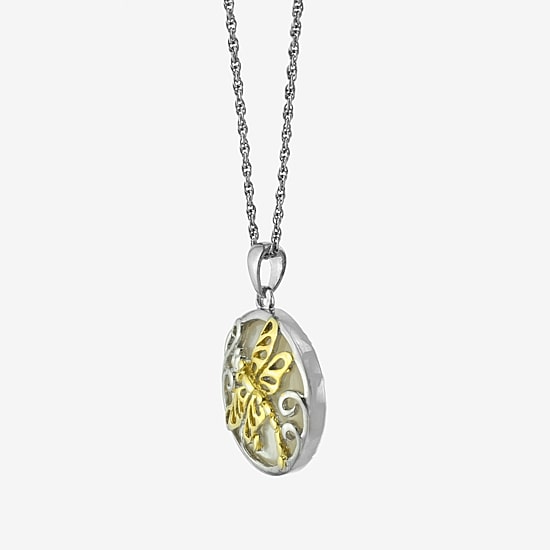 Dragonfly Womens White Mother Of Pearl 14K Two Tone Gold Over Silver 18 Inch Pendant Necklace