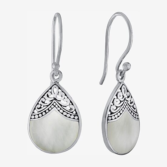 Bali Inspired Womens Genuine White Mother Of Pearl Sterling Silver Drop Earrings
