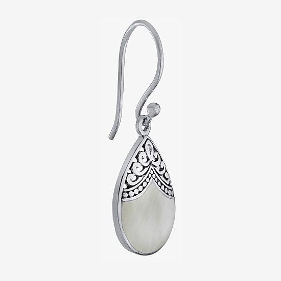 Bali Inspired Womens Genuine White Mother Of Pearl Sterling Silver Drop Earrings