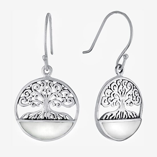 Tree Of Life Womens Genuine White Mother Of Pearl Sterling Silver Round Drop Earrings