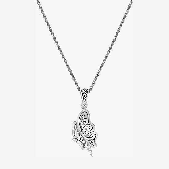 Bali Inspired Womens Sterling Silver Butterfly 16 Inch Pendant Necklace