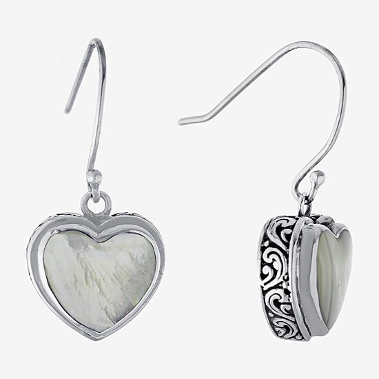 Bali Inspired Womens White Mother Of Pearl Sterling Silver Heart Drop Earrings
