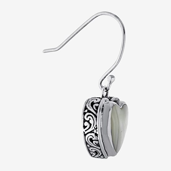 Bali Inspired Womens White Mother Of Pearl Sterling Silver Heart Drop Earrings