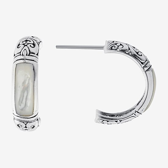 Bali Inspired Womens White Mother Of Pearl Sterling Silver 20.3mm Hoop Earrings