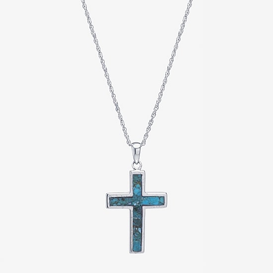 Womens Enhanced Blue Turquoise Sterling Silver Cross 18 Inch Pendant Necklace