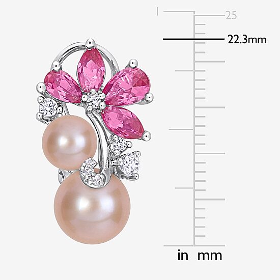 Womens Pink Cultured Freshwater Pearl Sterling Silver Flower Drop Earrings