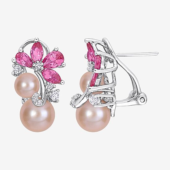 Womens Pink Cultured Freshwater Pearl Sterling Silver Flower Drop Earrings