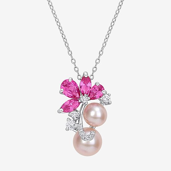 Womens Pink Cultured Freshwater Pearl Sterling Silver Flower 18 Inch Pendant Necklace