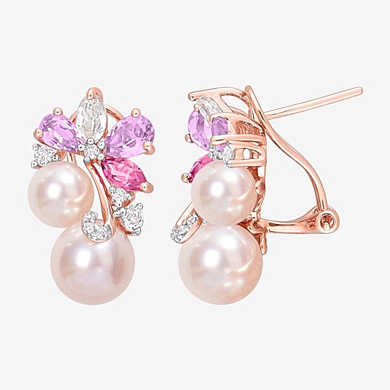 Womens Pink Cultured Freshwater Pearl 18K Rose Gold Over Silver Flower Drop Earrings