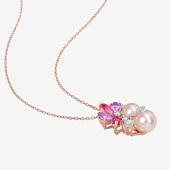 Womens Pink Cultured Freshwater Pearl 18K Rose Gold Over Silver Flower 18 Inch Pendant Necklace