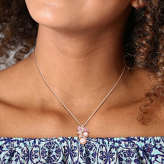 Womens Pink Cultured Freshwater Pearl 18K Rose Gold Over Silver Flower 18 Inch Pendant Necklace