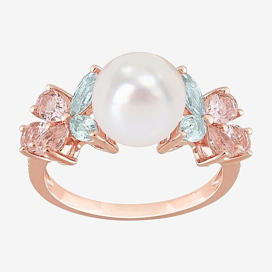 Womens 8-9MM White Cultured Freshwater Pearl 18K Rose Gold Over Silver Cocktail Ring